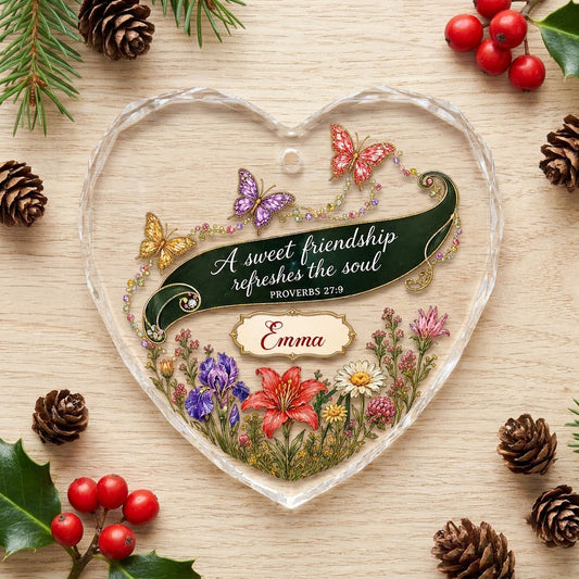 Heart suncatcher with green scroll banner, three butterflies, and red lily, purple iris, white daisy florals.