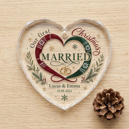 Personalized Our First Christmas Married Scarf Heart Glass Ornament