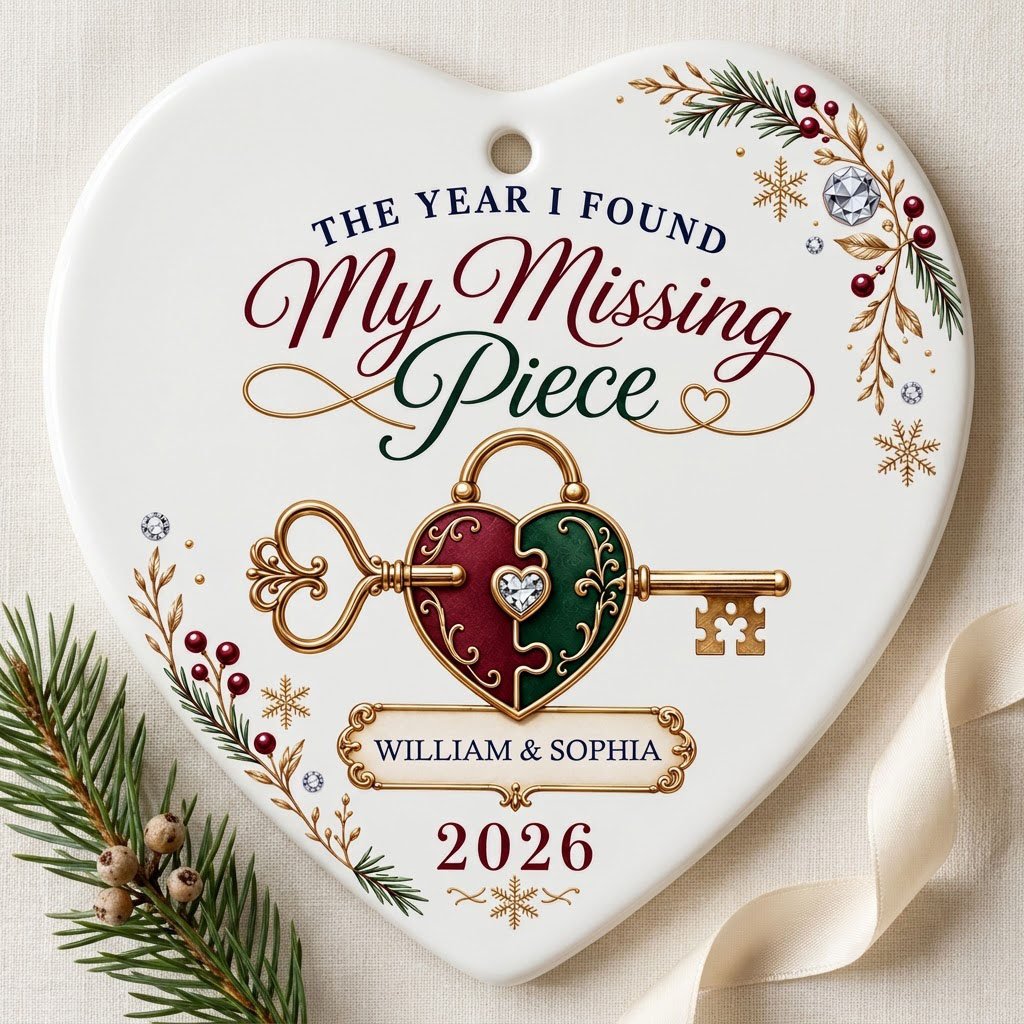 Heart ceramic ornament with a gold key through a burgundy and green heart lock, pine sprigs, berries, and gold snowflake