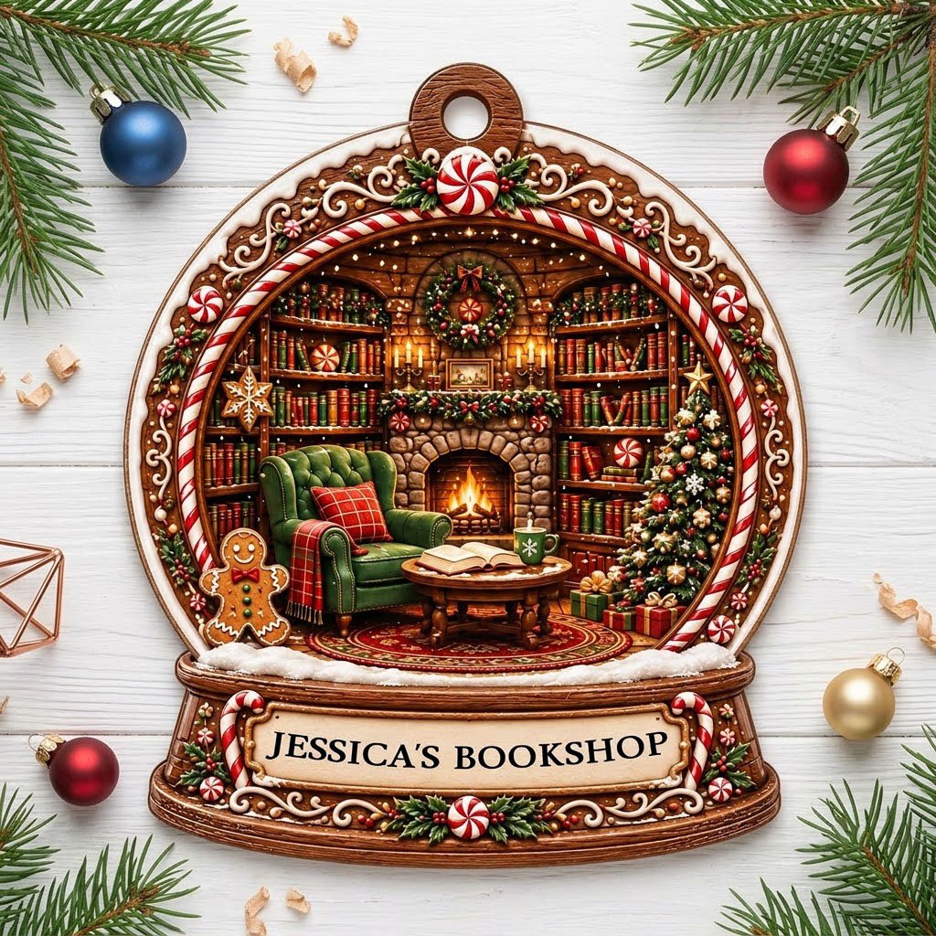 Snow globe ornament with candy-cane frame, cozy book-filled library, fireplace, tree, and 'JESSICA'S BOOKSHOP' nameplate