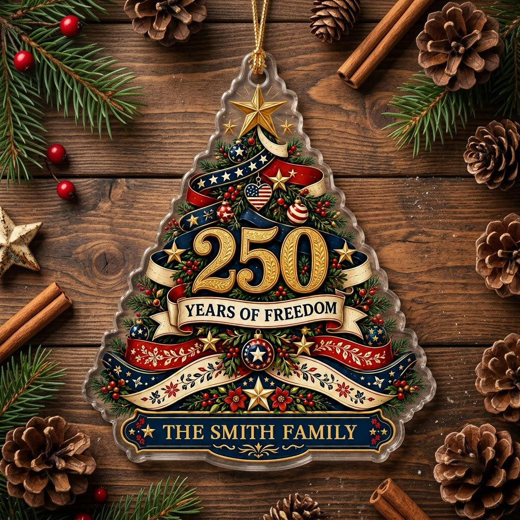 Personalized America 250th Christmas Tree Acrylic Ornament, Custom Patriotic Holiday Keepsake