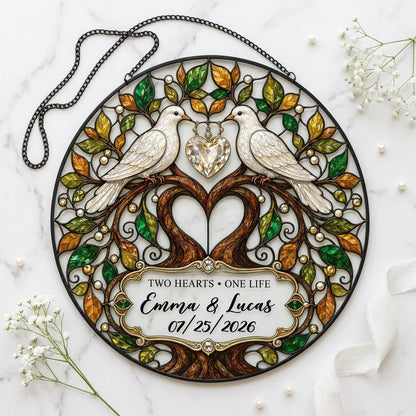 Personalized Wedding Doves & Tree of Life Two Hearts One Life Stained Glass Round Suncatcher