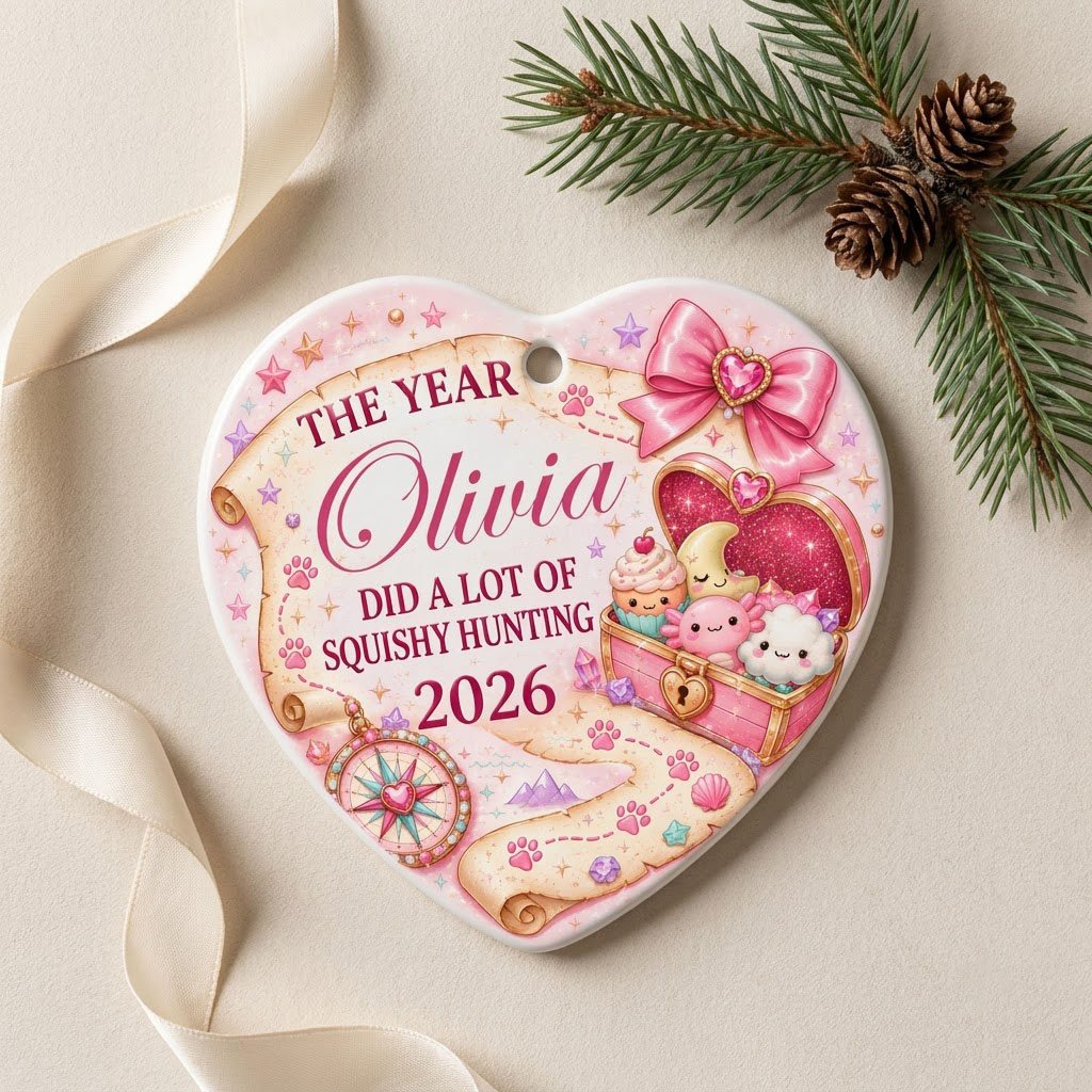 Heart ceramic ornament with a pastel treasure map, pink bow, compass, and a kawaii squishy-filled treasure chest.