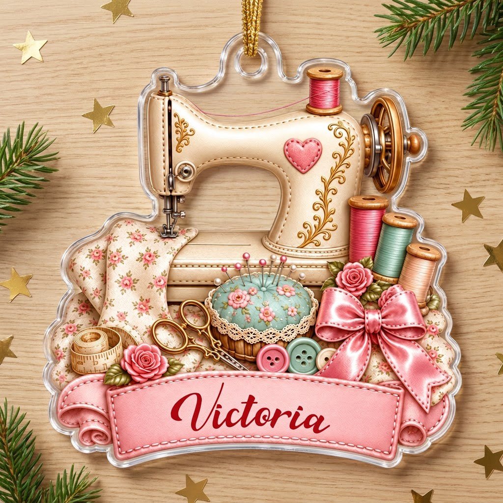 Custom-cut acrylic ornament with vintage cream sewing machine, pink banner, roses, thread spools and scissors.