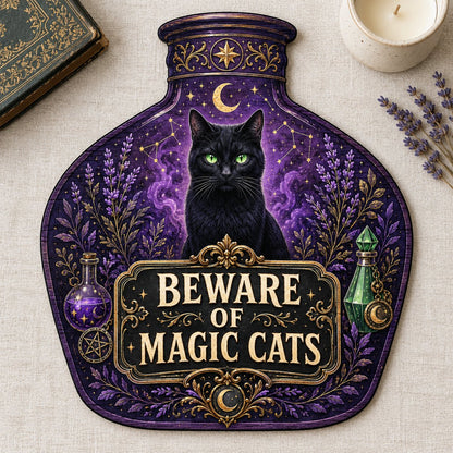 Potion bottle-shaped wooden sign with a black cat, moon, stars, lavender, and the text 'BEWARE OF MAGIC CATS'