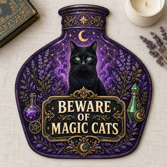 Potion bottle-shaped wooden sign with a black cat, moon, stars, lavender, and the text 'BEWARE OF MAGIC CATS'
