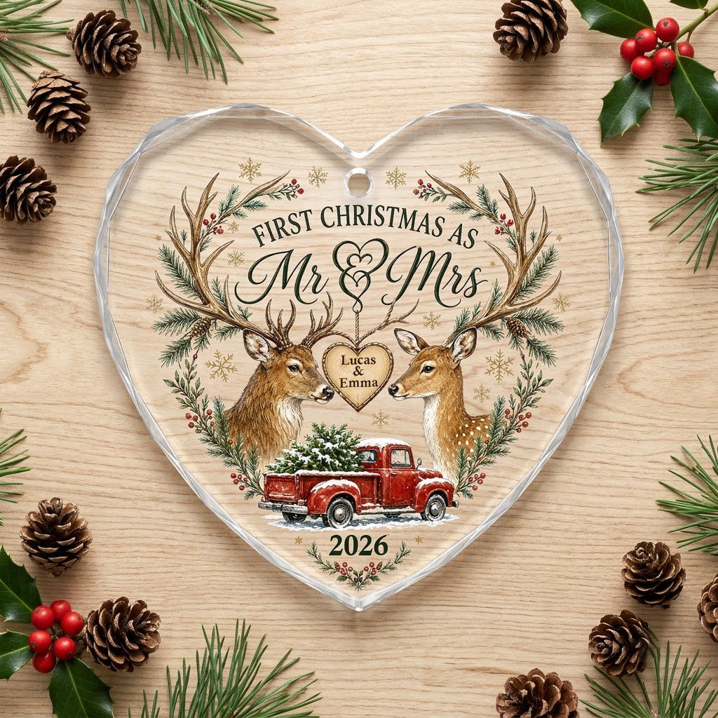 Personalized First Christmas as Mr & Mrs Deer Antlers Red Truck Heart Glass Ornament