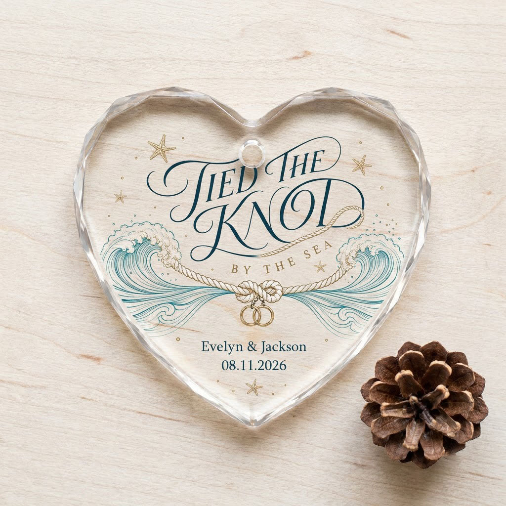 Personalized Tied the Knot by the Sea Beach Wedding Heart Glass Ornament