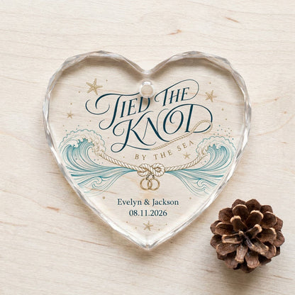 Personalized Tied the Knot by the Sea Beach Wedding Heart Glass Ornament