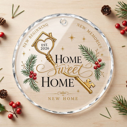 Personalized Home Sweet Home Golden Key Round Glass Ornament