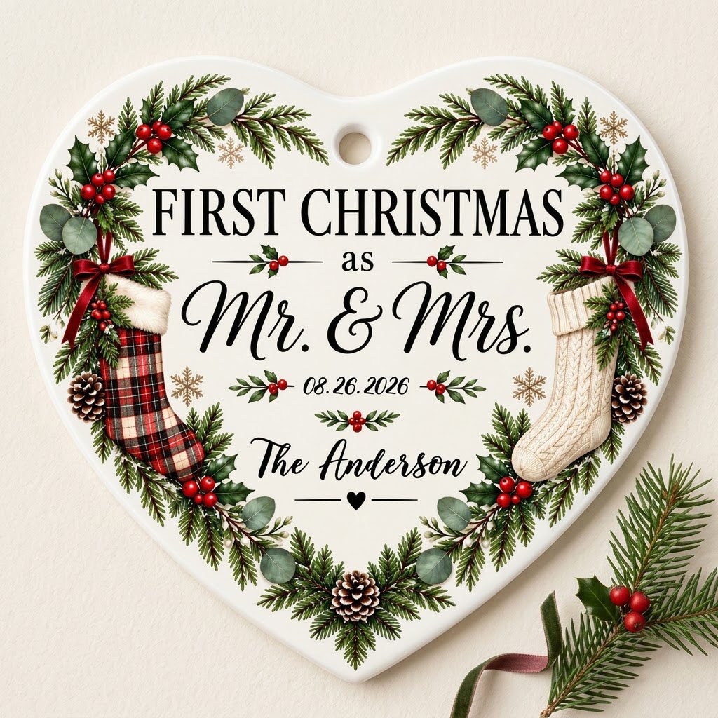 Heart ornament with greenery border, two stockings on bows, and 'FIRST CHRISTMAS as Mr. & Mrs.' text.