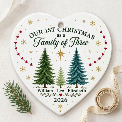 Our 1st Christmas As A Family Of Three Pine Trees - Personalized Heart Ceramic Ornament (Printed On Both Sides)