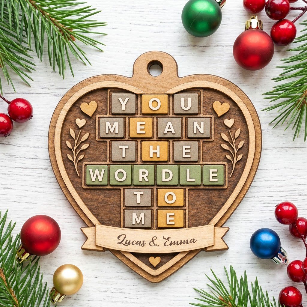 Heart-shaped wood ornament with Wordle-style tiles reading You Mean The Wordle To Me and names on a bottom banner.