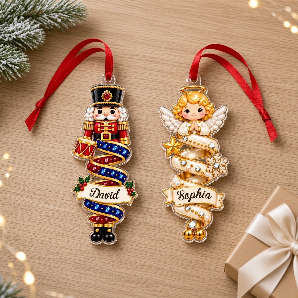 Custom-cut acrylic ornaments with a cartoon nutcracker and a praying angel wrapped in decorative ribbons.