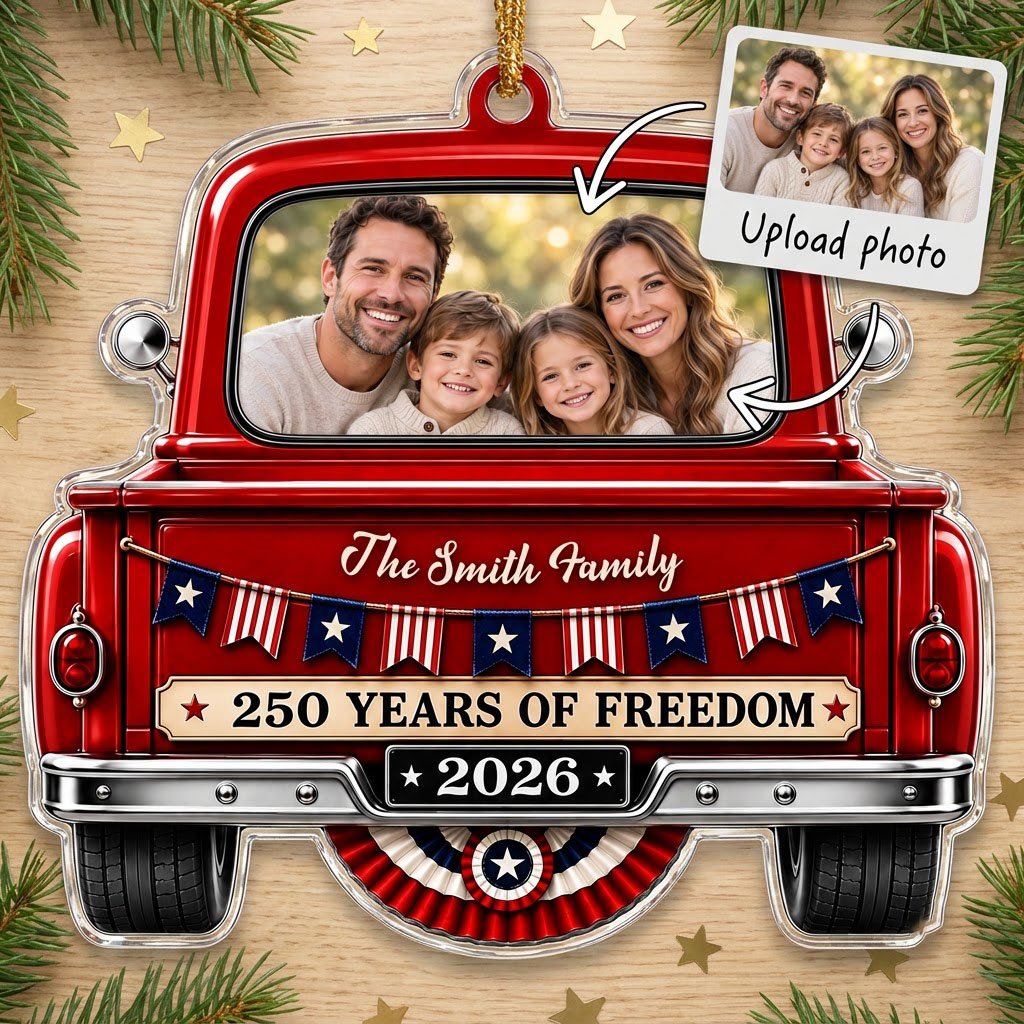 Red vintage pickup truck acrylic ornament with family photo window, 2026 and 250 YEARS OF FREEDOM text.
