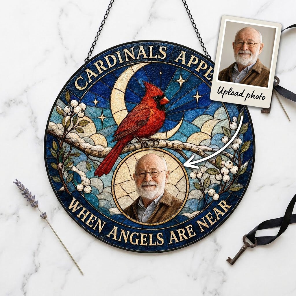 Round stained-glass style suncatcher with a red cardinal, starry blue sky, crescent moon, and a circular frame with a pe