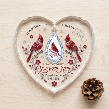 Personalized Red Cardinals Crystal Teardrop Memorial Heart Glass Ornament