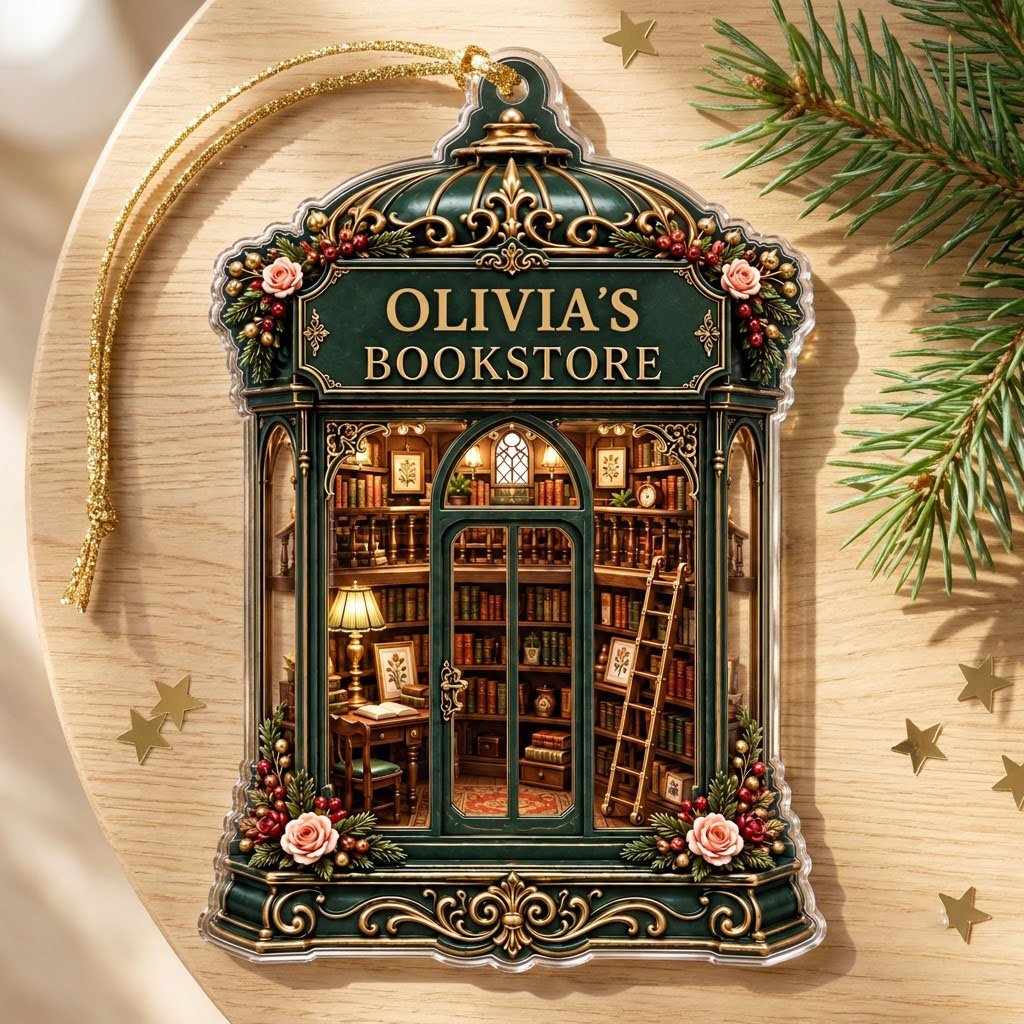 Green and gold ornate acrylic ornament with roses and a cozy bookstore interior reading OLIVIA'S BOOKSTORE.