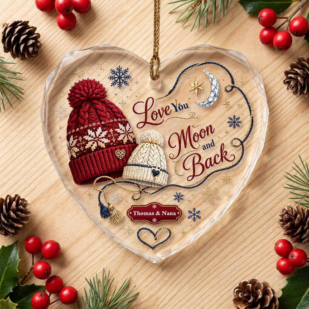 Heart glass ornament with red and cream pom-pom beanies, silver moon, gold star, and Love You Moon and Back text.