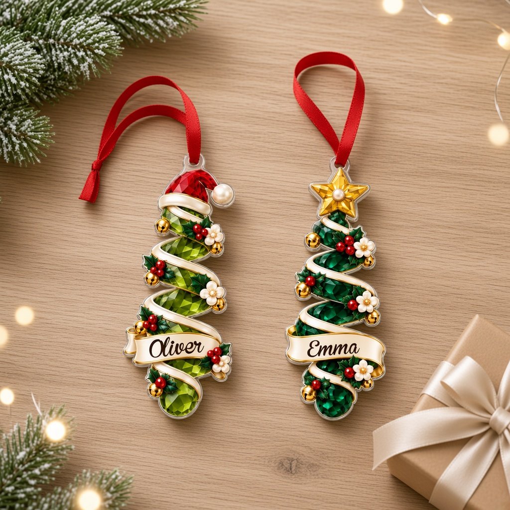 Acrylic ornament shaped around two green gem-style Christmas trees with holly, berries and names Oliver and Emma.