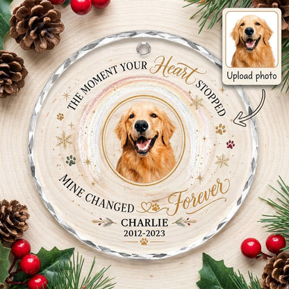 Personalized Dog Memorial Photo The Moment Your Heart Stopped Round Glass Ornament