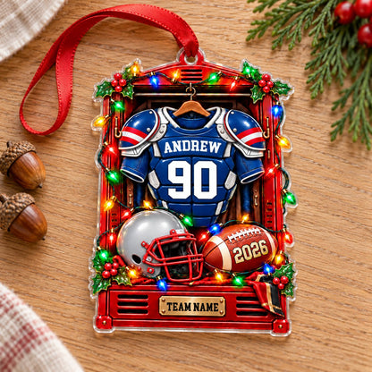 Acrylic ornament shaped like a football locker with jersey, helmet, football, lights and holly, personalized for a playe