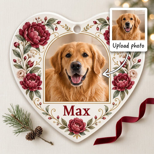Heart ceramic ornament with red peonies, green leaves, gold flourishes, and a gold arched frame holding a dog photo.