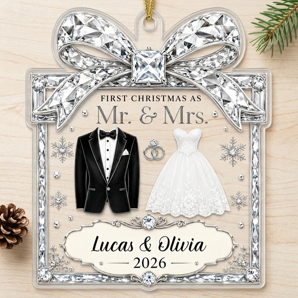 Clear acrylic gift-box ornament with jeweled bow, tuxedo jacket, wedding gown, silver rings and a silver banner.