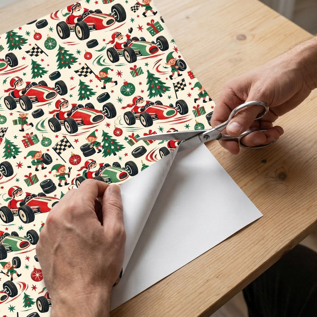 Cream wrapping paper with Santa driving vintage race cars, elves with tools and flags, trees, gifts, tires, and stars.