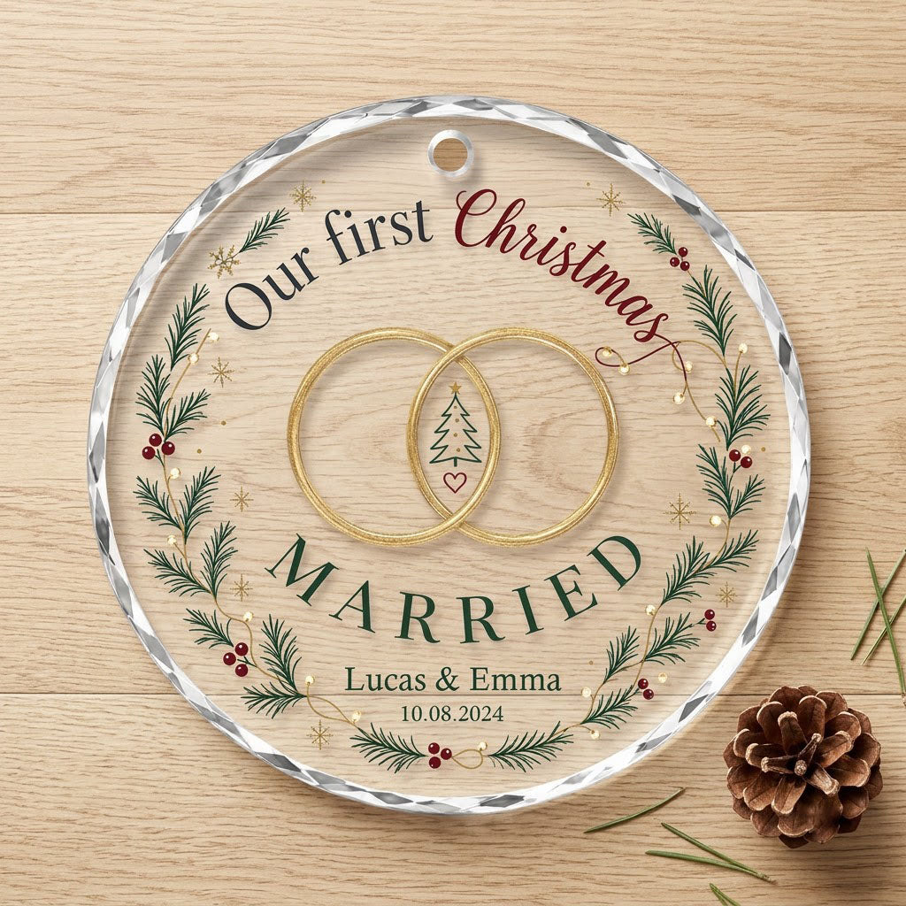Personalized Our First Christmas Married Wedding Rings Wreath Round Glass Ornament