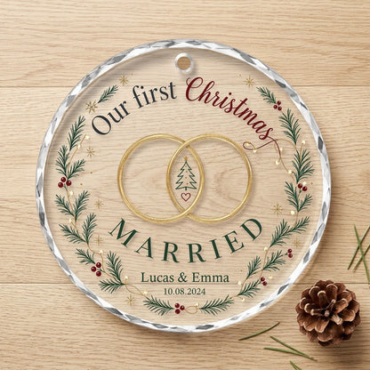 Personalized Our First Christmas Married Wedding Rings Wreath Round Glass Ornament