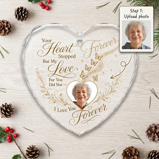 Heart glass ornament with a photo, golden butterflies, and gold floral flourishes with pearl or gem accents.