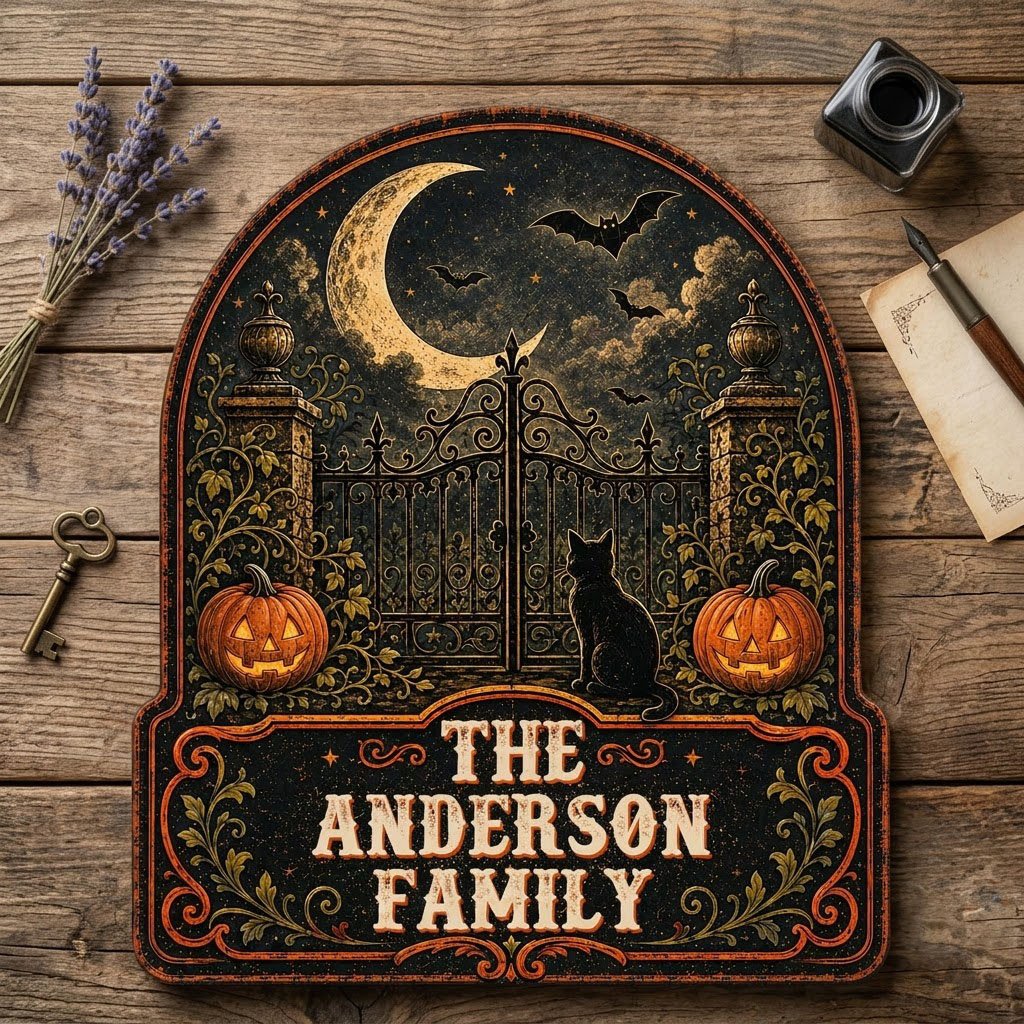 Arched wooden sign with crescent moon, bats, wrought-iron gate, black cat and jack-o'-lanterns with family name.