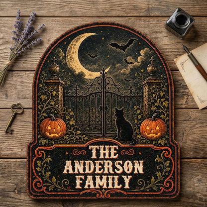 Arched wooden sign with crescent moon, bats, wrought-iron gate, black cat and jack-o'-lanterns with family name.