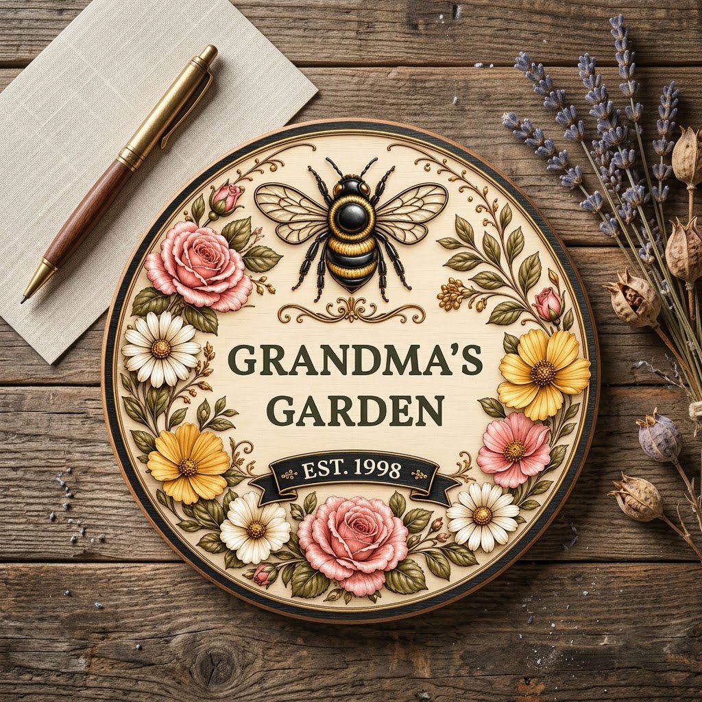 Round wooden sign with 'GRANDMA'S GARDEN', a gold-and-black bee, floral wreath, and EST. year on a light wood background