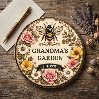 Round wooden sign with 'GRANDMA'S GARDEN', a gold-and-black bee, floral wreath, and EST. year on a light wood background