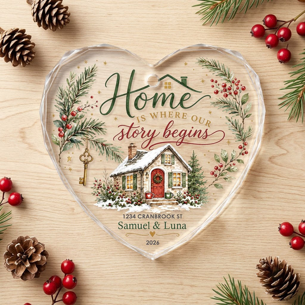 Personalized Home Is Where Our Story Begins Cottage Heart Glass Ornament