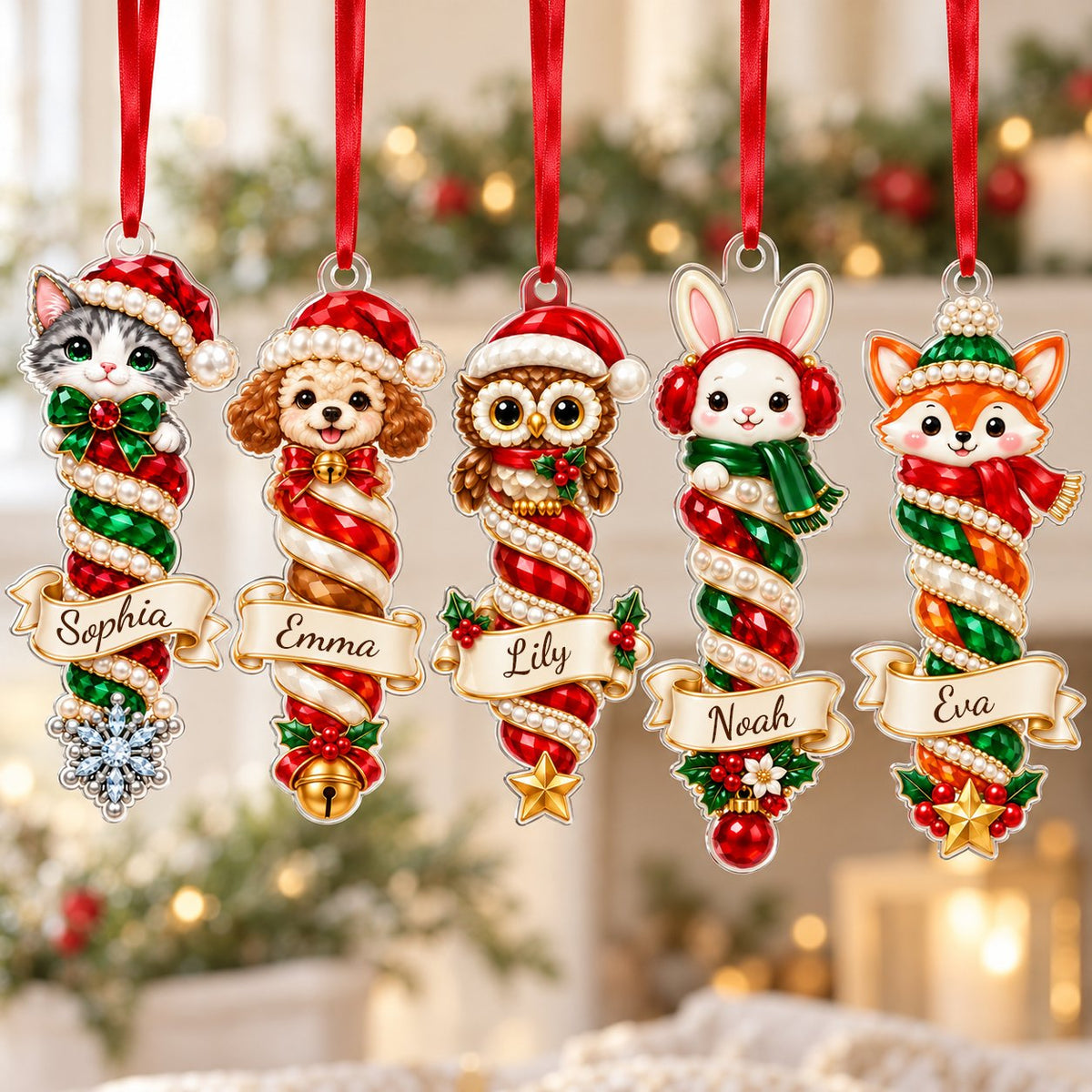 Acrylic ornament with cat, dog, owl, bunny or fox atop spiral columns and a cream-gold scroll banner for a name.
