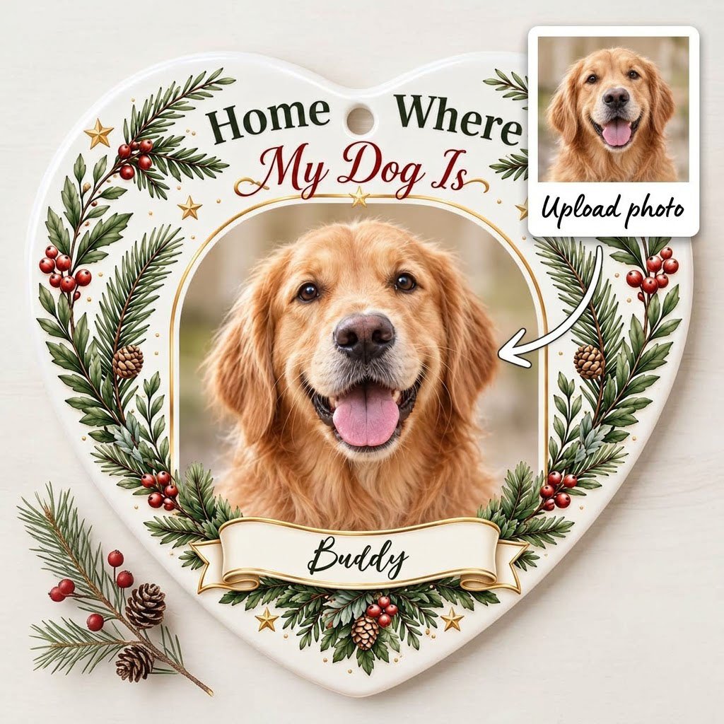 Heart ceramic ornament with gold arched dog photo frame, pine greenery, holly berries, and 'Home Where My Dog Is'.