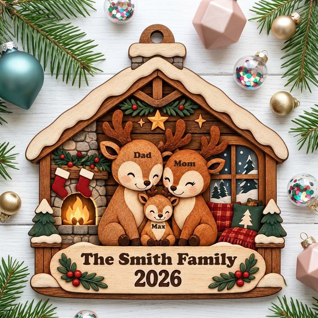 House-shaped wood ornament with deer family by a fireplace and snowy window, personalized with names and year.