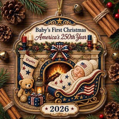Personalized America 250th Baby's First Christmas Fireplace Acrylic Ornament, Custom Patriotic Newborn Keepsake