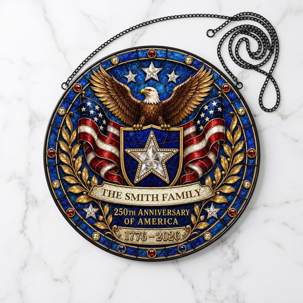 Round stained glass-style suncatcher with a bald eagle, blue star shield, American flags, laurel and a jeweled border.