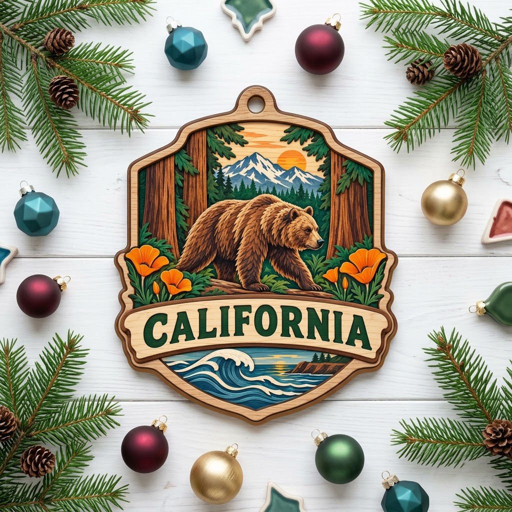 Shield-shaped wood ornament reading CALIFORNIA with bear on log, poppies, redwoods, mountains, and ocean waves.