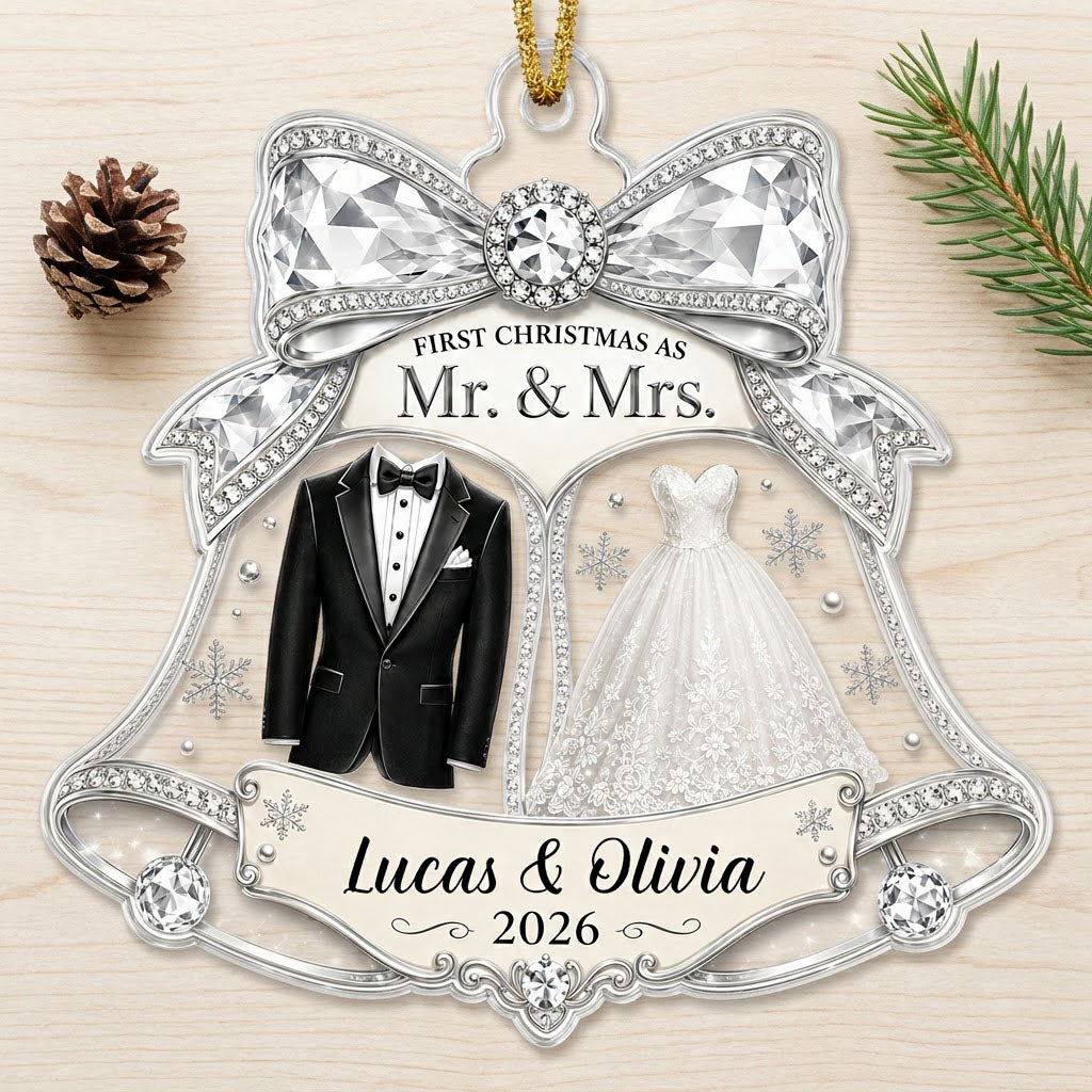 Double bell acrylic ornament with tuxedo, wedding gown, silver bow, and FIRST CHRISTMAS AS Mr. & Mrs. text.