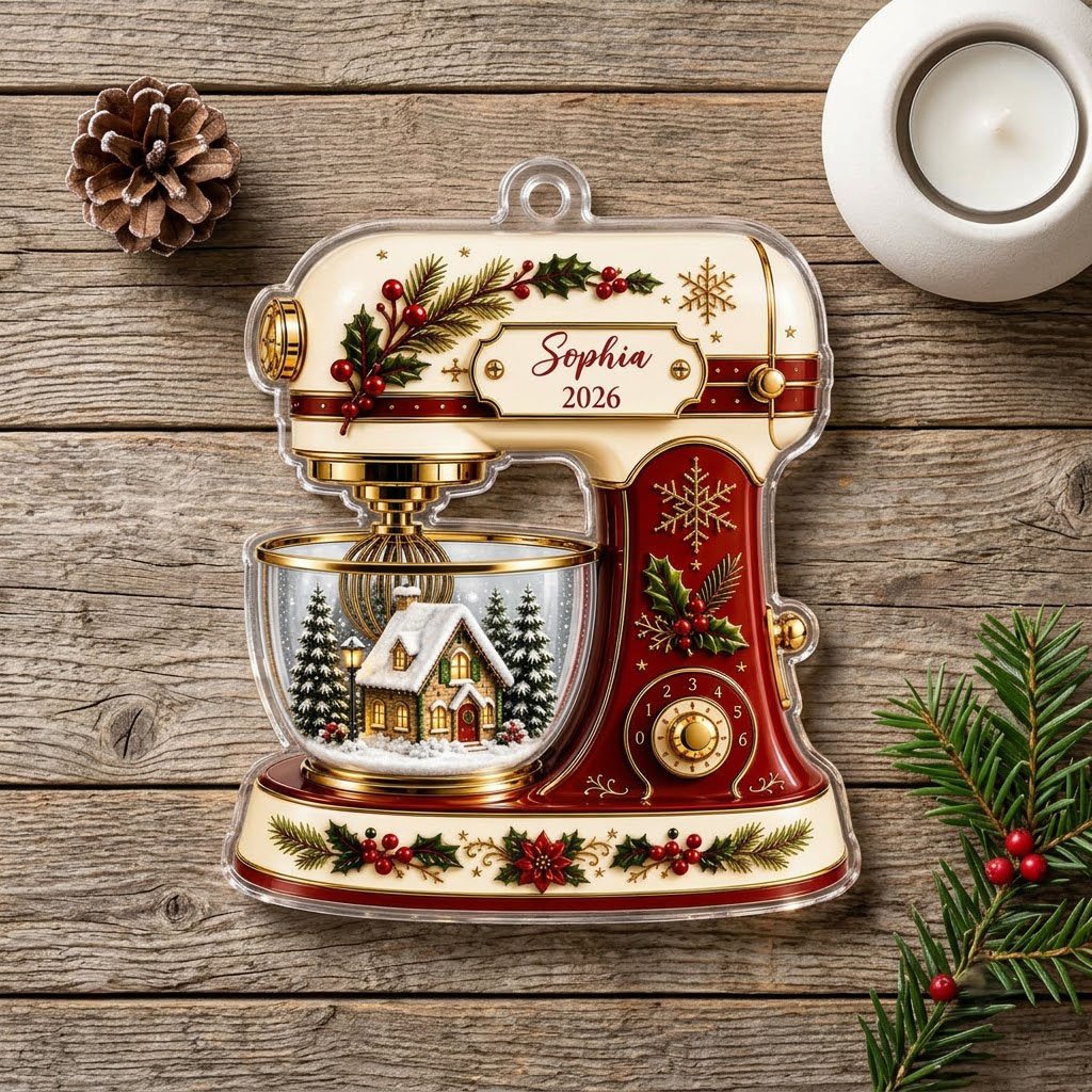 Stand mixer-shaped acrylic ornament with holly, gold snowflakes, and a snowy cottage scene in a glass bowl.