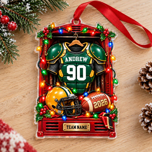 Red locker ornament with green jersey, yellow helmet and football, Christmas lights, personalized name and number.