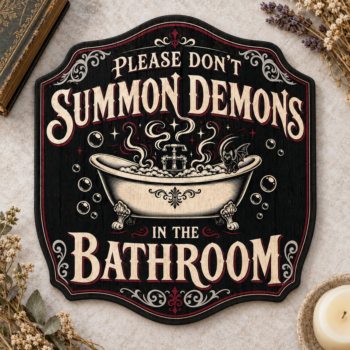 Ornate plaque with tub, bat-winged black cat, bubbles, stars, and 'Please Don't Summon Demons in the Bathroom'.