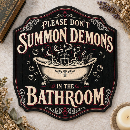 Ornate plaque with tub, bat-winged black cat, bubbles, stars, and 'Please Don't Summon Demons in the Bathroom'.