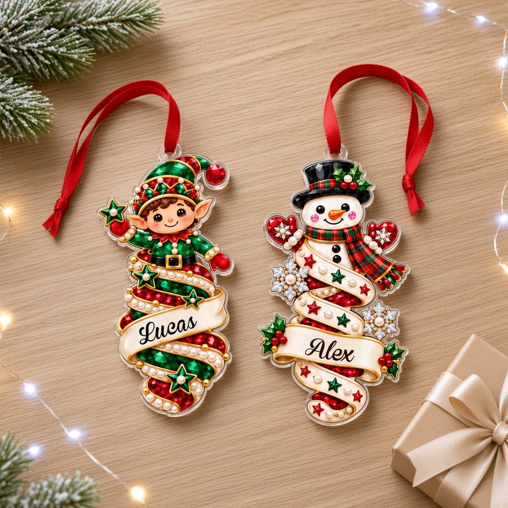 Custom acrylic ornament with a cute elf and smiling snowman on jeweled swirl banners with personalized names