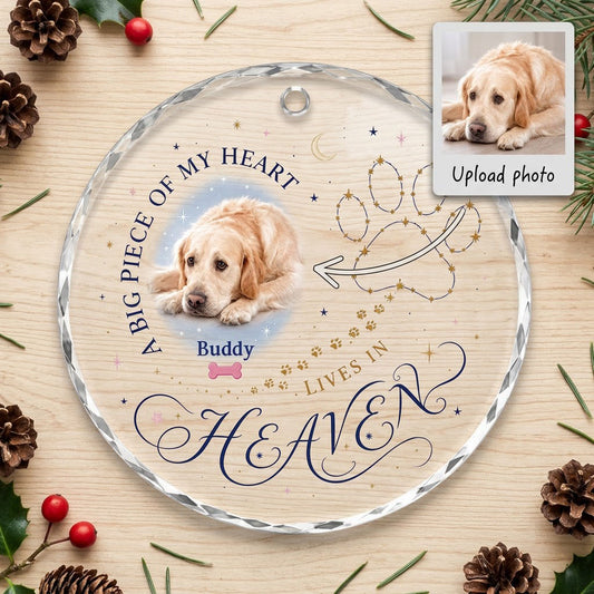 Personalized Dog Memorial Photo A Big Piece Of My Heart Lives In Heaven Round Glass Ornament